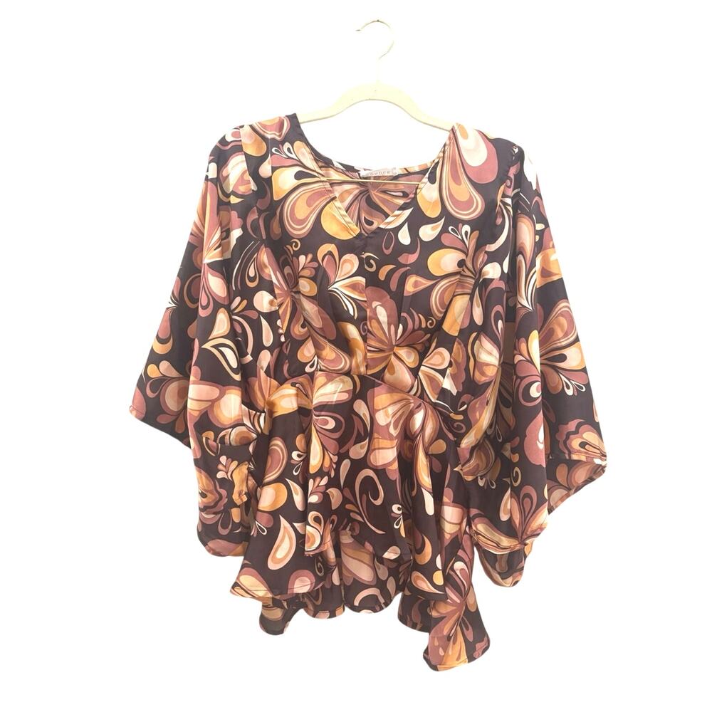 Emily wonder Women's Brown Floral Swirl Peplum Blouse small